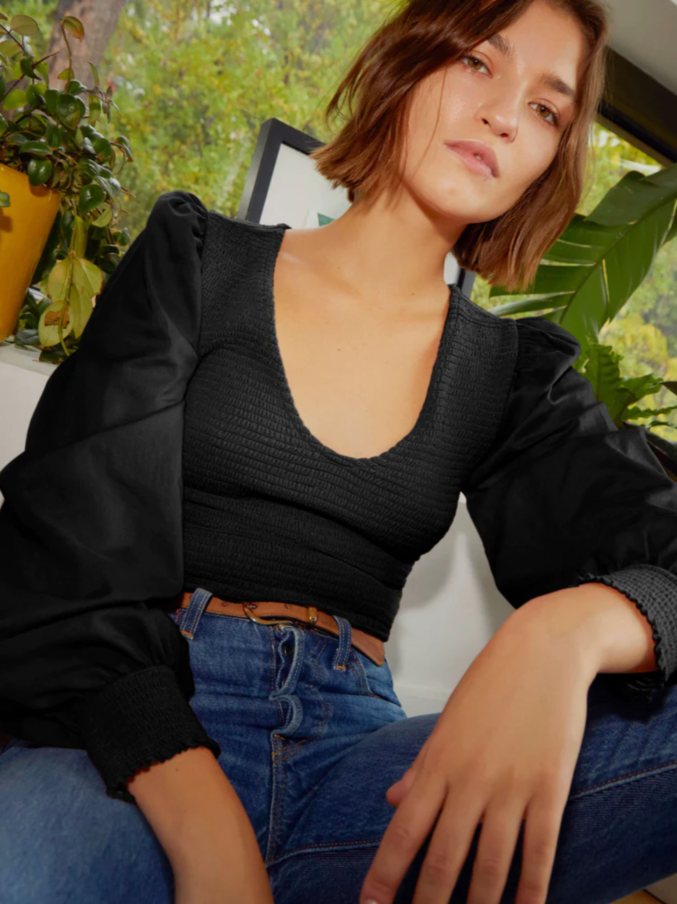 Della smocked combo tee - jet black