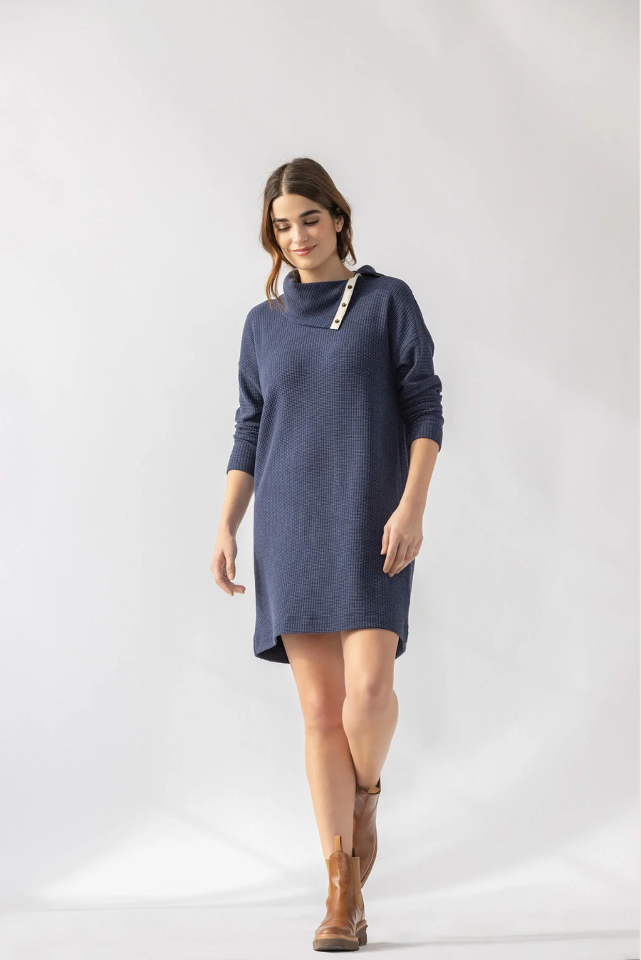 Long sleeve waffle dress - navy