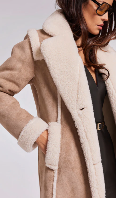 Scottie faux suede shearling coat - taupe / white
