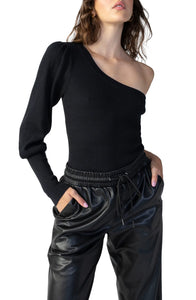 One shoulder rib top - black