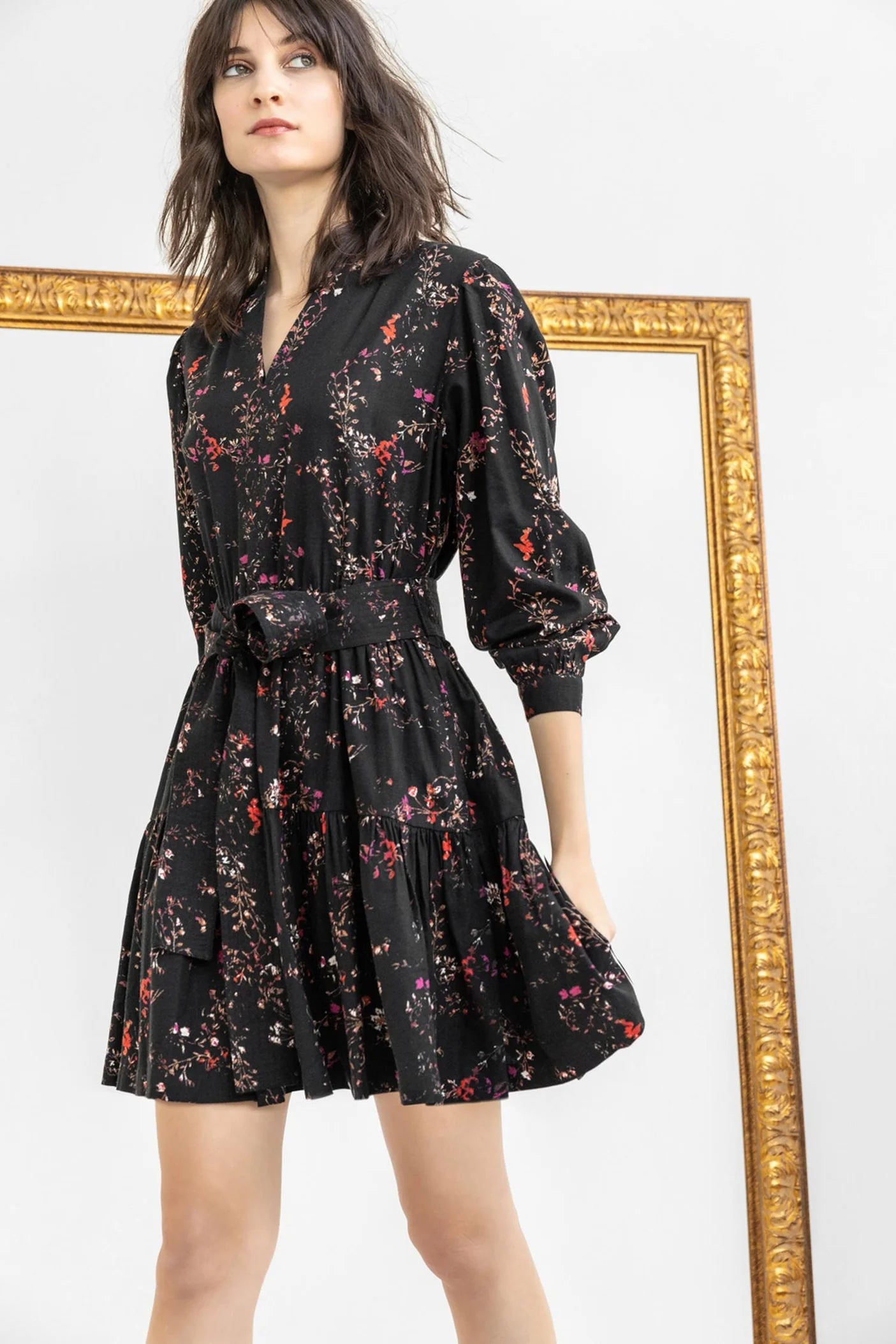 Long sleeve split neck peplum dress (PA2383) - black floral