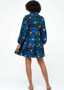 Long sleeve yoke dress - blue uzbek