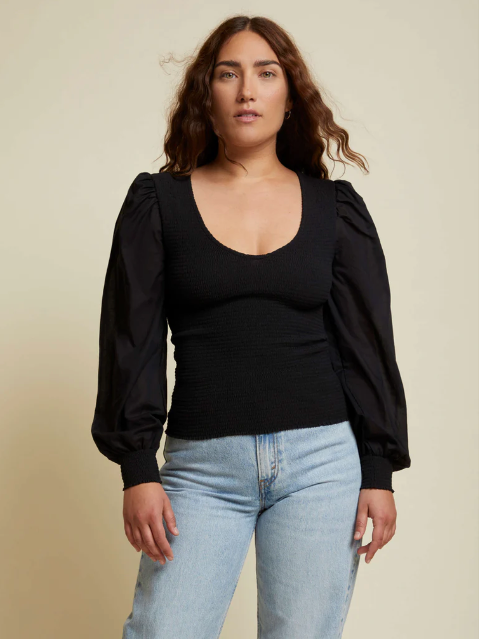 Della smocked combo tee - jet black