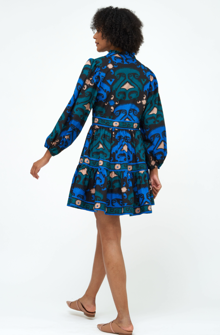 Long sleeve yoke dress - blue uzbek