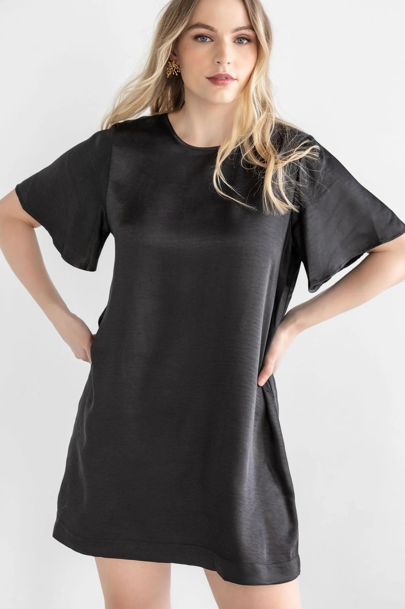 Flutter sleeve satin dress (PA2369) - black