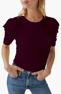 Andrea pleated sleeve ribbed top - plum
