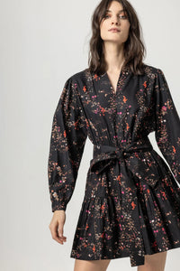 Long sleeve split neck peplum dress (PA2383) - black floral